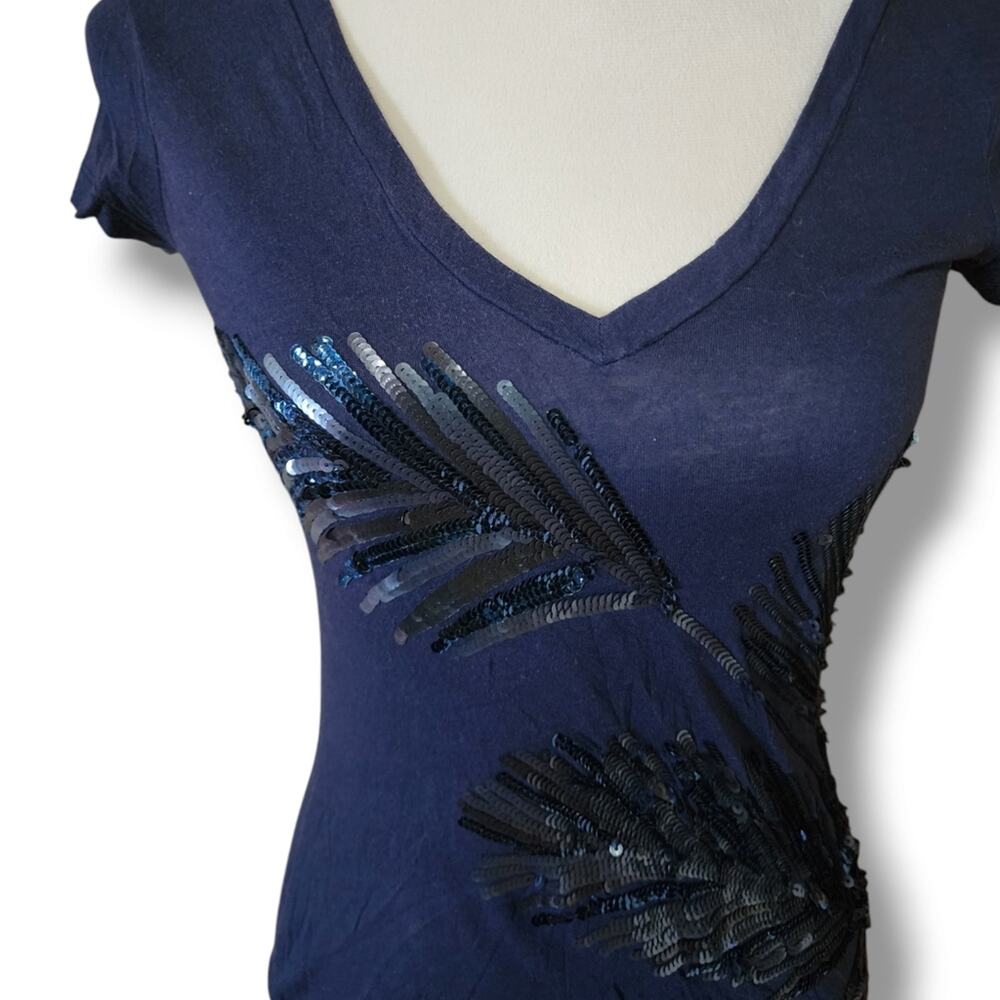 Express Late 2000s Cotton blend V-Neck T-Shirt with Sequin Feather Embellishment